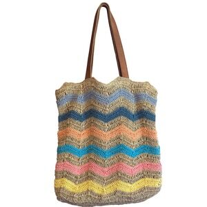 Anabaglish Rainbow Chevron Crochet Jute Cotton Tote Bag Leather Handles Boho